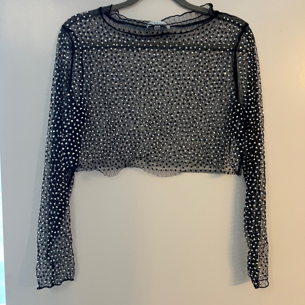 Elegant Cropped Black Sheer Embellished Blouse
